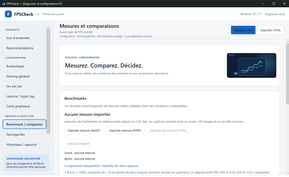 Page Mesures et comparaisons de FPSCheck : import de frametimes avant et après, avec la mention « Aucun gain de FPS inventé ».