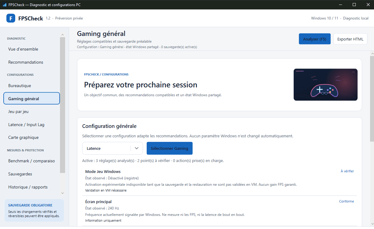 Page Gaming général de FPSCheck : choix d’un objectif et état observé du Mode Jeu et de la fréquence de l’écran principal.