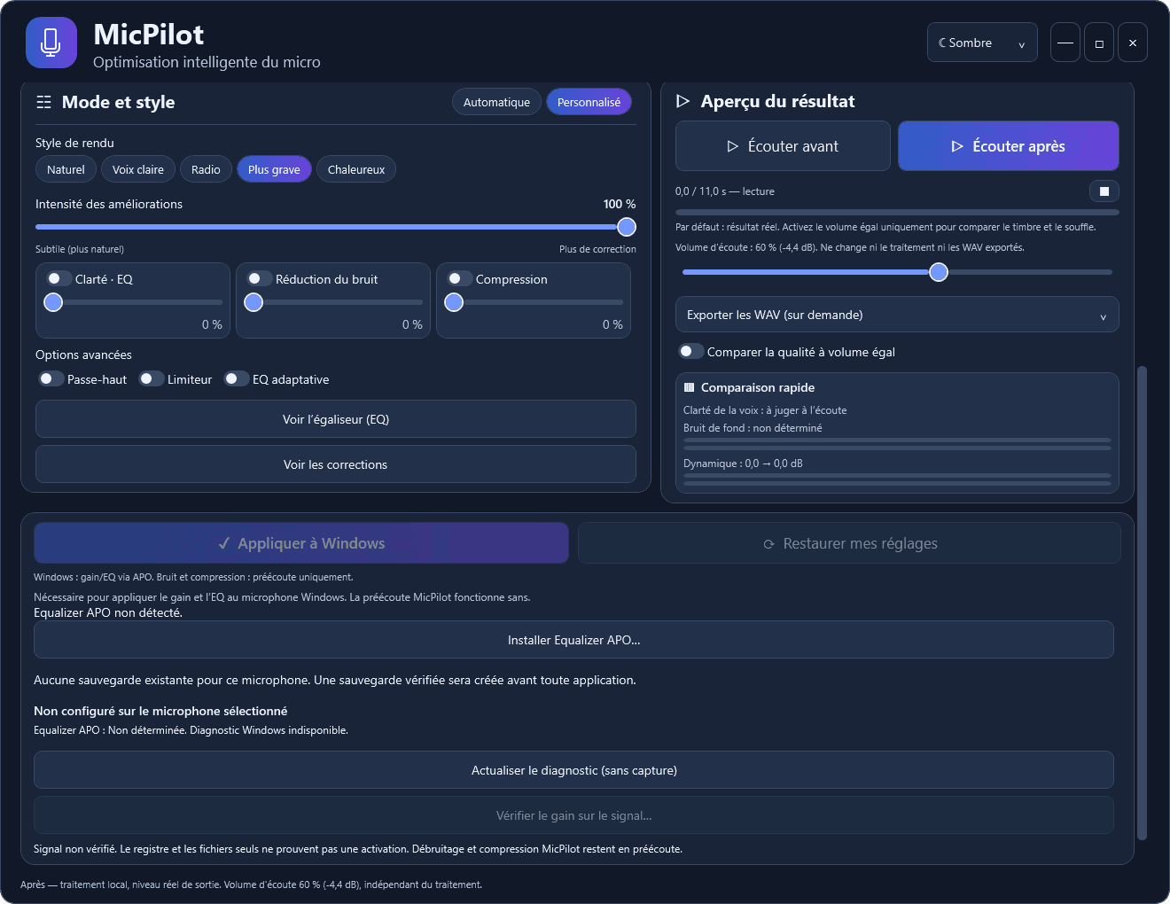 Mode personnalisé de MicPilot : styles de rendu, intensité des améliorations, options avancées et section Appliquer à Windows avec restauration des réglages.